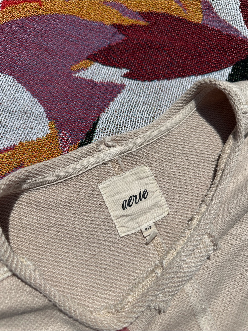 aerie Beige Cropped Waffle-Knit Sweatshirt - Picture 3 of 5